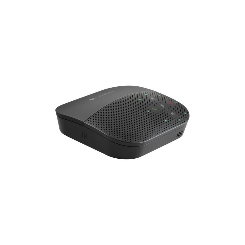 Logitech P710e portable speakerphone with stand for smartphones and tablets used in audio conferencing and meetings.