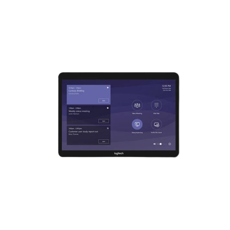 Logitech Tap Touch Controller with touchscreen interface used for managing video conferencing and meetings in modern conference rooms.