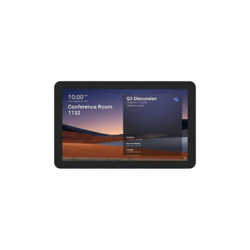 Logitech Tap Scheduler touch panel mounted outside meeting rooms for displaying schedules and enabling quick room booking.