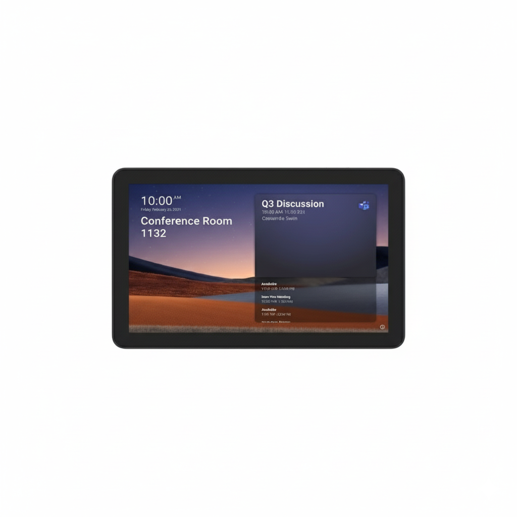 Logitech Tap Scheduler touch panel mounted outside meeting rooms for displaying schedules and enabling quick room booking.